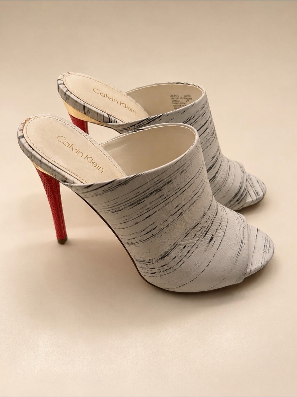 Calvin Klein White Textured Open-Back Mules with Red Stiletto Heel
